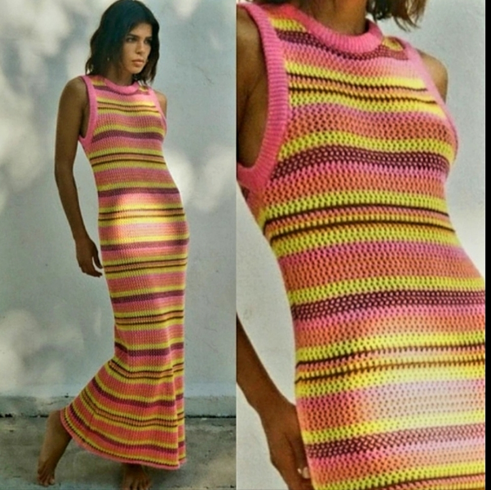 ZARA STRIPED KNIT CROCHET MAXI DRESS Size L